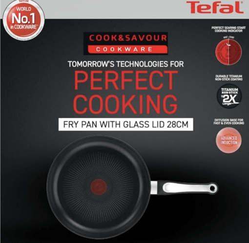 Tefal Cook & Savour Non-Stick Fry Pan with Glass Lid, Smart Thermo Signal Temperature Indicator Technology - (Black) (24 Cm) - Image 2